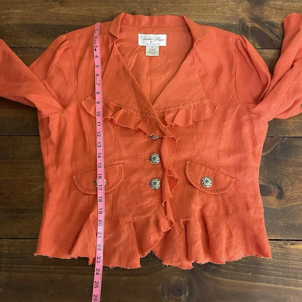 TASHA POLIZZI Blazer Jacket Women's XL Linen Orange Raw Hem 3/4 Sleeves Western - Picture 9 of 9